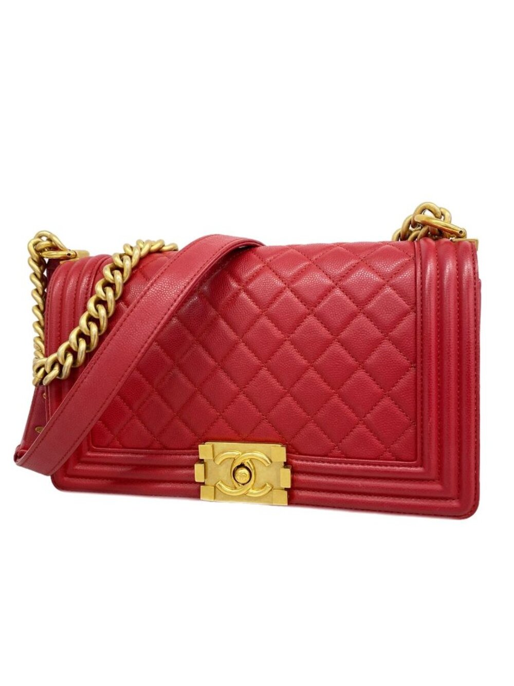 Chanel Shoulder Bag Boy Caviar Leather Red Gold